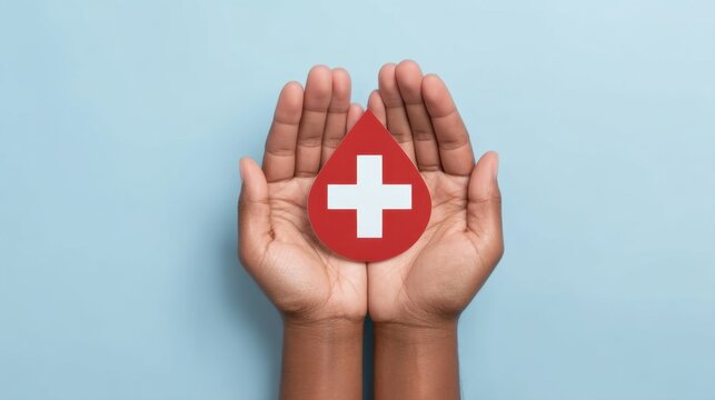 Hands Holding Icon of Blood Drop with Cross Representing Health and Donation Concepts Against Light Blue Background