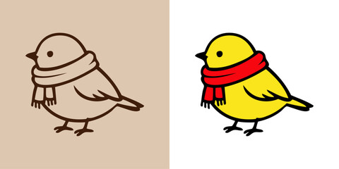 Logotipo con dibujo minimalista con líneas de varias versiones de un simpático pollito con bufanda  © teracreonte