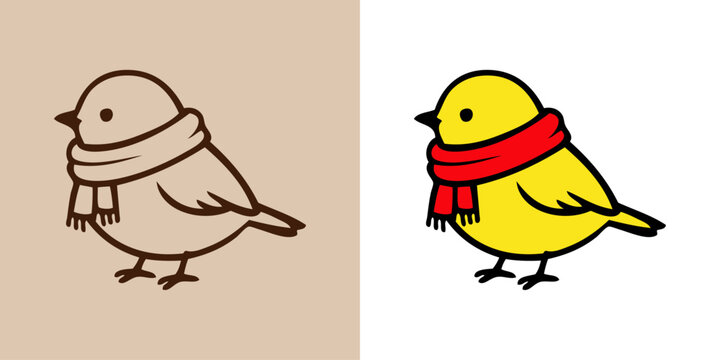 Logotipo con dibujo minimalista con l&iacute;neas de varias versiones de un simp&aacute;tico pollito con bufanda 