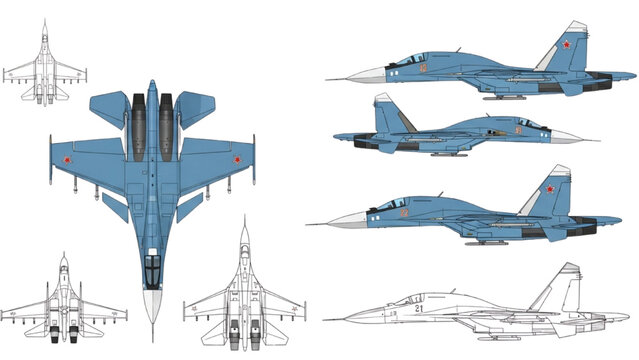 Detailed vector 2D CAD drawings of a blue military jet in various views