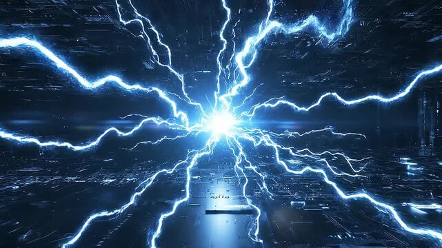Flare overlay with glowing streaks center concept. Futuristic electric energy explosion with glowing blue lightning and digital technology background