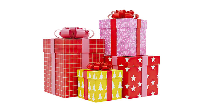 Stack of decorated gift boxes with ribbons