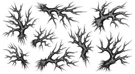 Set of hand drawn spooky bare trees, thorny branches and creepy roots © S.Siam