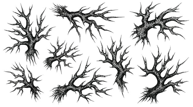 Set of hand drawn spooky bare trees, thorny branches and creepy roots