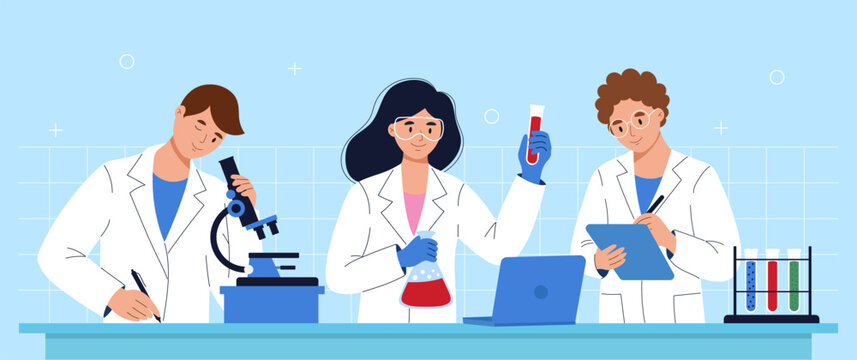 Group of scientists working together in laboratory. Professional researchers using microscope, laptop and clipboard while conducting chemistry experiments. Teamwork in science and medical research.