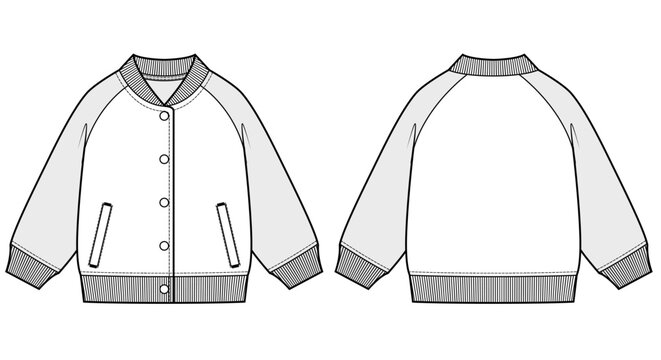 Kids Bomber Jacket Technical Flat Sketch, Ribbed Baseball Jacket Front and Back