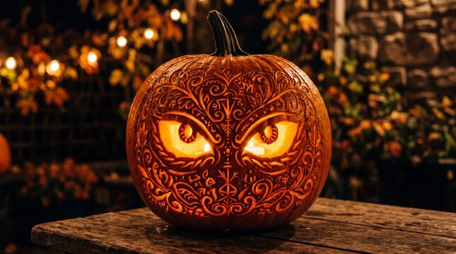 A close-up of a carved pumpkin with intricate designs and glowing eyes