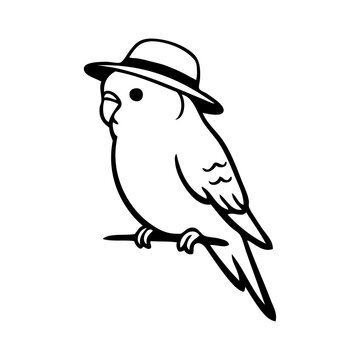 Logotipo con dibujo minimalista con l&iacute;neas de un simp&aacute;tico periquito con sombrero 