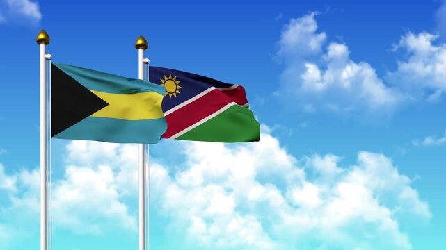 Waving flags of BAHAMAS and NAMIBIA on pole included with alpha