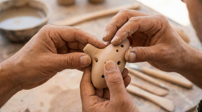 Hands shaping a clay ocarina during pottery making session  