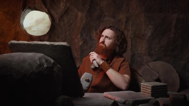 Thinking caveman writer looking for inspiration while working at his stone desk in a cave.
