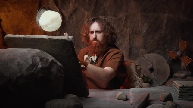 Caveman writer suffering from a severe headache and overwork stress in his cave office.