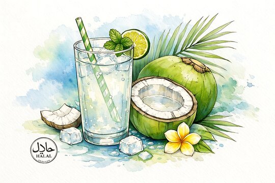 Fresh coconut water with ice and mint leaves in glass