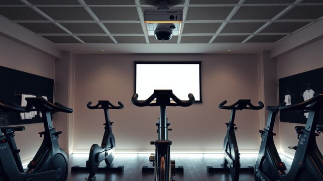 Indoor cycling studio features stationary bikes facing bright projection screen. Minimalist design, muted tones create calm atmosphere.