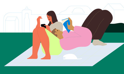 Obraz premium Flat vector illustration of two people relaxing outdoors in a park. One person reading a book while another using a smartphone. Modern minimalist lifestyle scene with leisure, digital distraction.