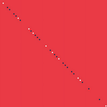 Visual representation of a diagonal scatter plot with evenly spaced points on a red background