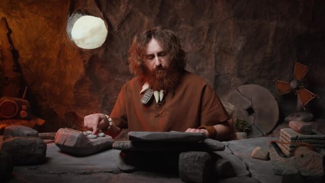 Focused caveman accountant using a stone calculator and chisel for prehistoric bookkeeping