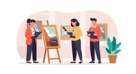 Fototapeta premium Art Gallery Visitors Appreciating Landscape Paintings
