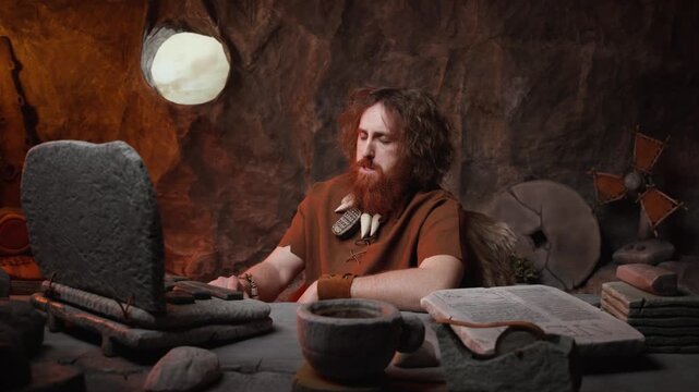 Frustrated Caveman Working on Stone Laptop &ndash; Funny Prehistoric Office Burnout and Technology Crash Concept