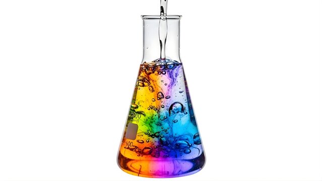 A colorful liquid mixture in a laboratory flask with bubbles and a rainbow of colors.
