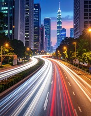 Fototapeta premium A cityscape at dusk with a curved highway and skyscrapers
