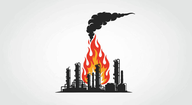 Industrial refinery on fire, spewing dark smoke into the sky
