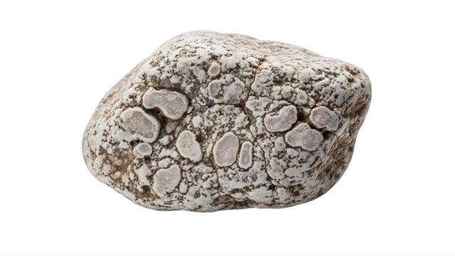 A close-up view of a textured rock with a unique pattern of small stones and speckled surface