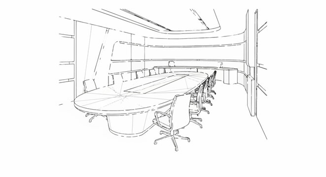 Sketch of a modern boardroom with an oval table and chairs