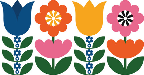 Scandinavian folk art floral pattern with colorful flowers and leaves symmetrical design decorative vector illustration in Nordic style © ALEX BIN