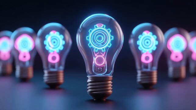 Futuristic Light Bulbs with Gears Illuminating in Neon Colors on Dark Background