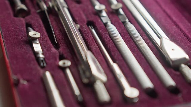 Cinematic pull focus across a neatly arranged drafting tool set, highlighting order, craftsmanship, and professional design environment.