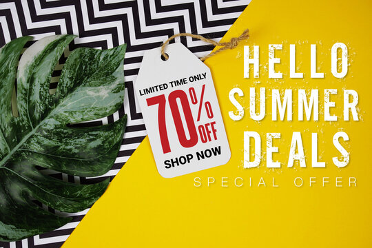 Hello Summer Deals 70% with Price tag and summer decorations on yellow background