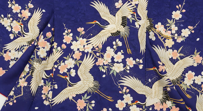 Cranes flying amidst cherry blossoms fabric.
