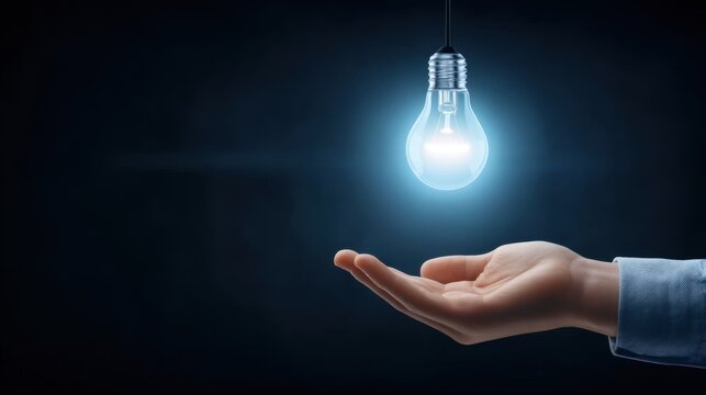 Person in Business Attire Holding a Light Bulb with an Outstretched Hand Against a Dark Background