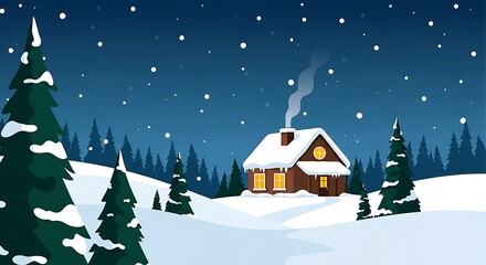 Naklejka premium Cozy winter cabin scene with snowfall and illuminated windows