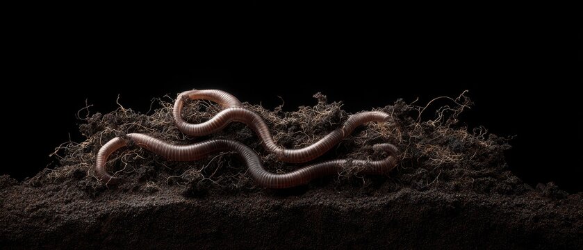 Hyper Realistic Earthworms on Soil with Roots in Dark Environment