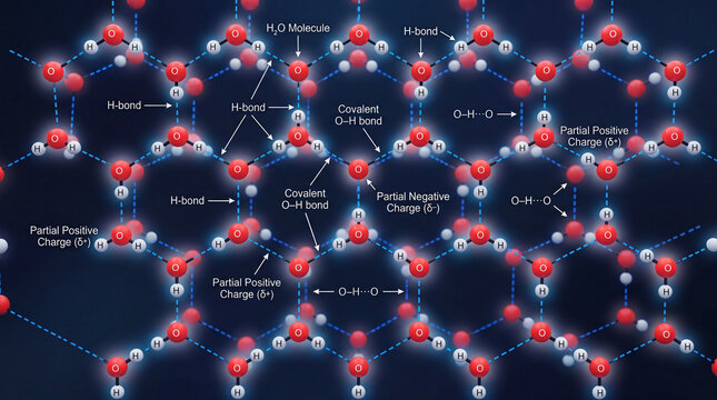 Water molecule structure shows hydrogen bonds and covalent bonds in a detailed science graphic explaining molecular interactions