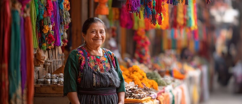 Smiling Mexican Street Vendor in Colorful Market Setting
