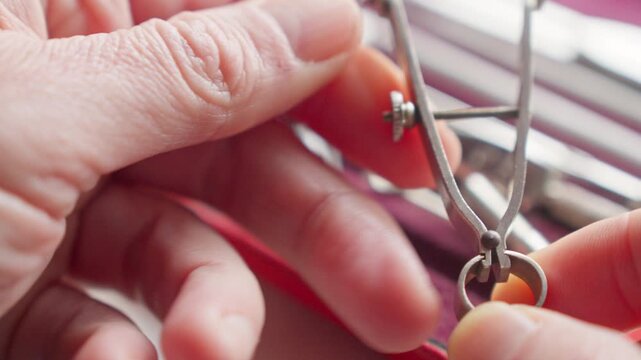 Close-up POV of hands fine-tuning a compass screw, emphasizing microscopic control, accuracy, and technical craftsmanship.