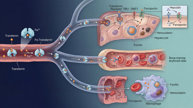 Detailed process of iron transport and metabolism in the human body involving transferrin and associated proteins