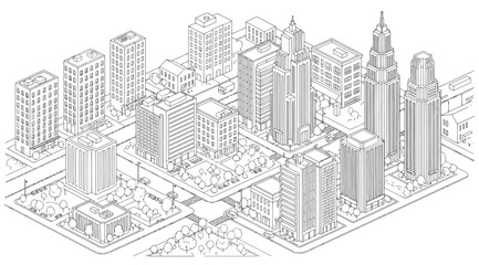 Isometric city skyline line art illustration urban landscape with skyscrapers, buildings, streets, parks, and trees in outline style for architectural planning and urban development concepts © S.Siam