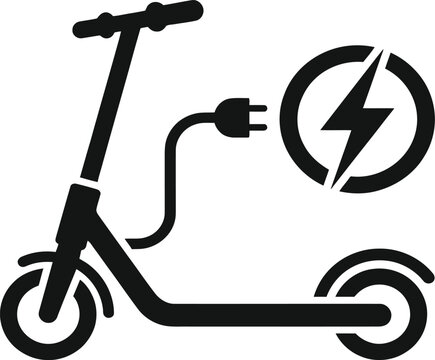 Bold black silhouette of electric scooter with charging plug icon and lightning energy emblem for urban transport vector.