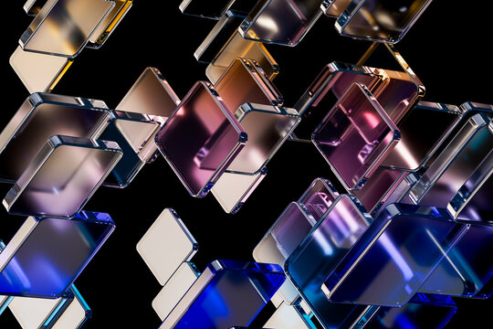 3D floating glass tile with stacked square and neon shine