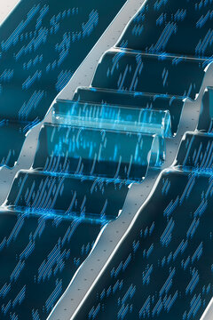 3D glass channel flow with blue streak and curved track