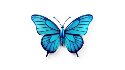 Obraz premium Blue butterfly displayed against white background. Detailed wings exhibit intricate patterns, symmetrical design. Delicate creature, vibrant color.