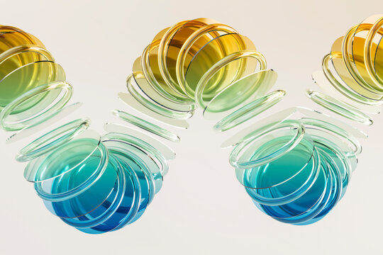 3D glass disc cluster with gold core and blue sphere