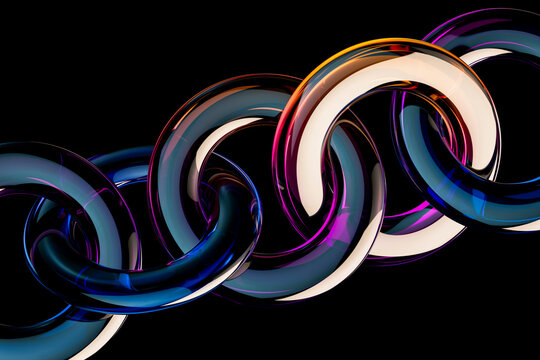 3D neon chain link with glossy loop and dark backdrop