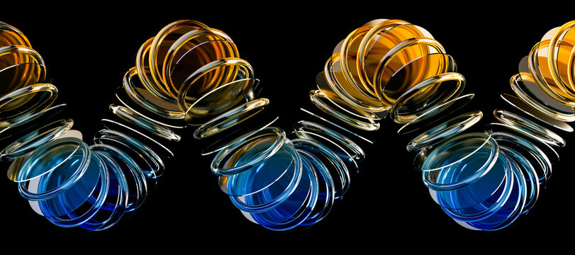 3D gold disc cluster with layered ring and blue glass core