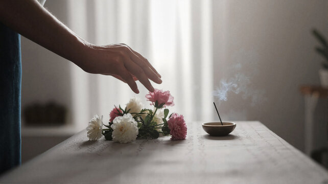 Person reaching for incense and flowers on a wooden table indoors  