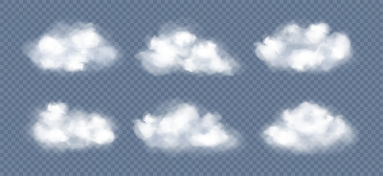 Realistic white clouds set isolated on transparent background. Fluffy cloud collection. Vector illustration